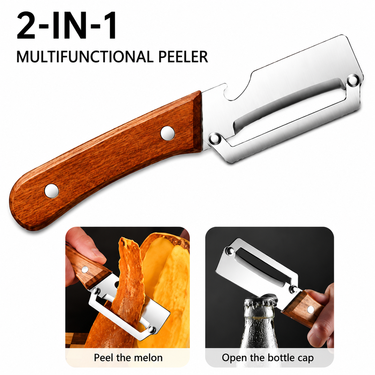2 PCS Wood Handle Multifunction Kitchen Peeler – Peel, Slice, Scrape & Bottle Opener Tool