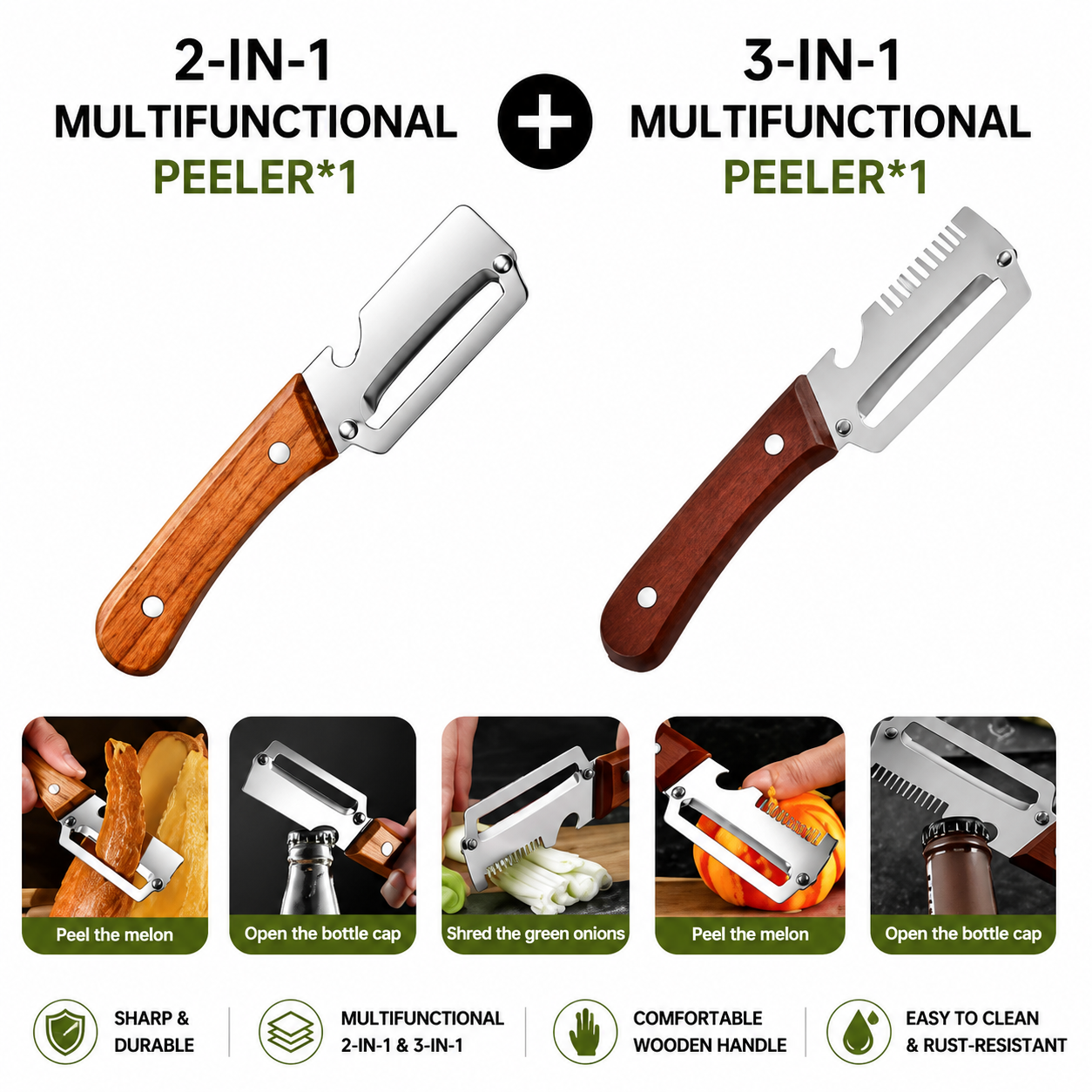 2 PCS Wood Handle Multifunction Kitchen Peeler – Peel, Slice, Scrape & Bottle Opener Tool