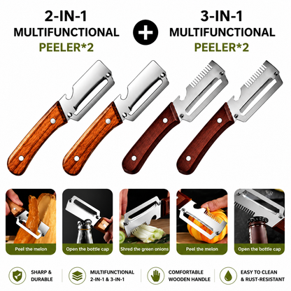 2 PCS Wood Handle Multifunction Kitchen Peeler – Peel, Slice, Scrape & Bottle Opener Tool