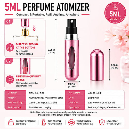 2 Pack Refillable Perfume Atomizer, 5ml Portable Travel Perfume Spray Bottle, Leak-Proof Fine Mist Col