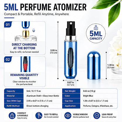 2 Pack Refillable Perfume Atomizer, 5ml Portable Travel Perfume Spray Bottle, Leak-Proof Fine Mist Col